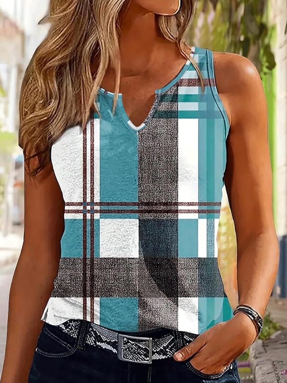 Plaid V-Neck Sleeveless Tank Top in Teal and White
